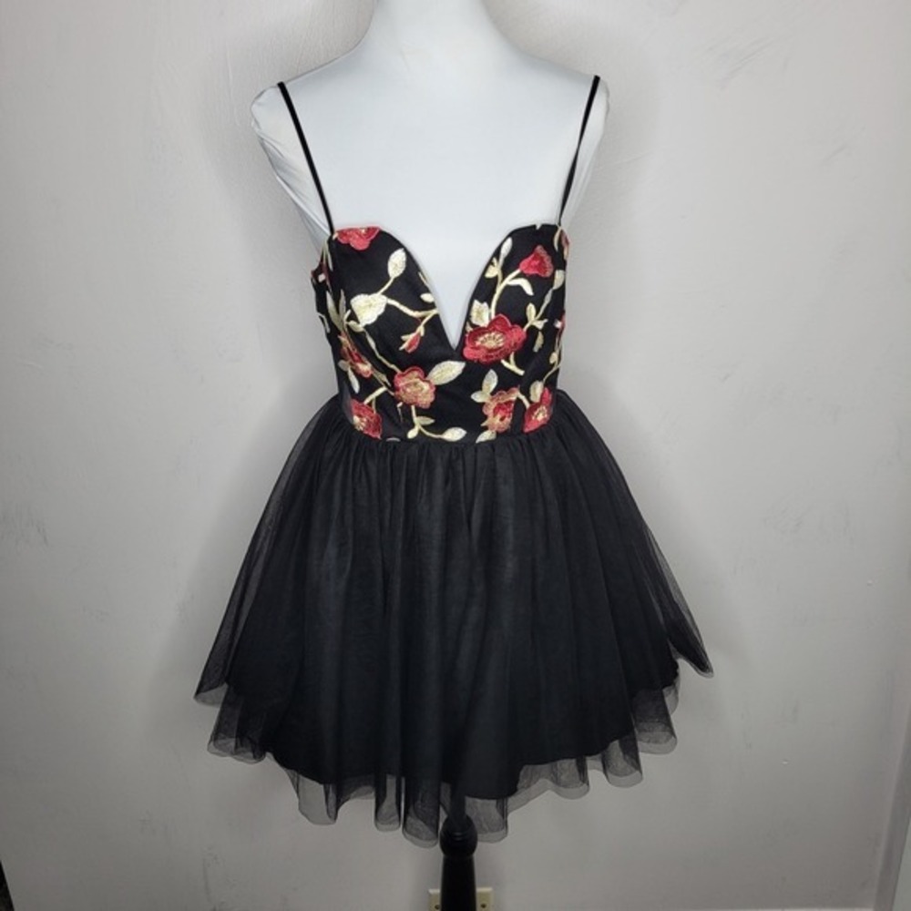 Mini Tulle Dress Balletcore Black Floral Layered Lace up Back 7 HoCo Formal‎